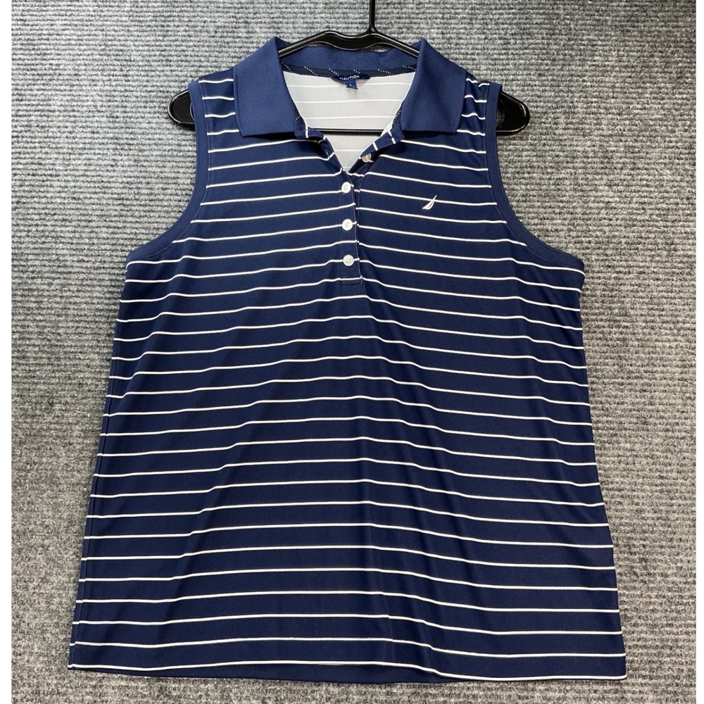 Nautica Sleeveless Polo Top Women Large Navy Blue Striped PreLoved